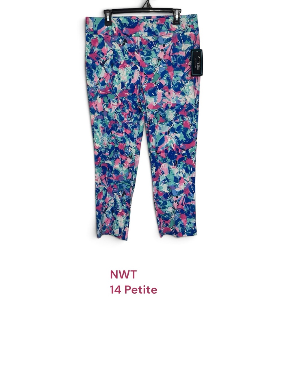 NWT  Attyre Blue Pink PRINT AUDREY ANKLE Pants   SIZE:  14 PETITE   #C